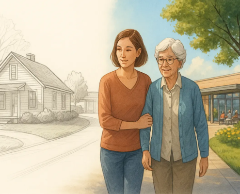 An illustration of an adult daughter walking with her senior mother, symbolizing the decision between staying at home (left) and moving to an assisted living facility (right).