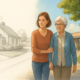 An illustration of an adult daughter walking with her senior mother, symbolizing the decision between staying at home (left) and moving to an assisted living facility (right).