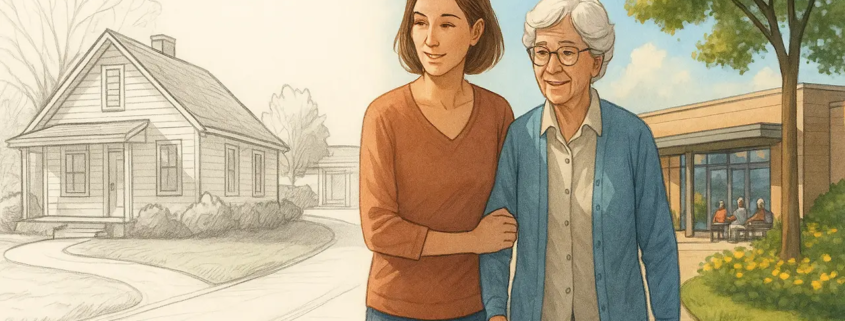 An illustration of an adult daughter walking with her senior mother, symbolizing the decision between staying at home (left) and moving to an assisted living facility (right).